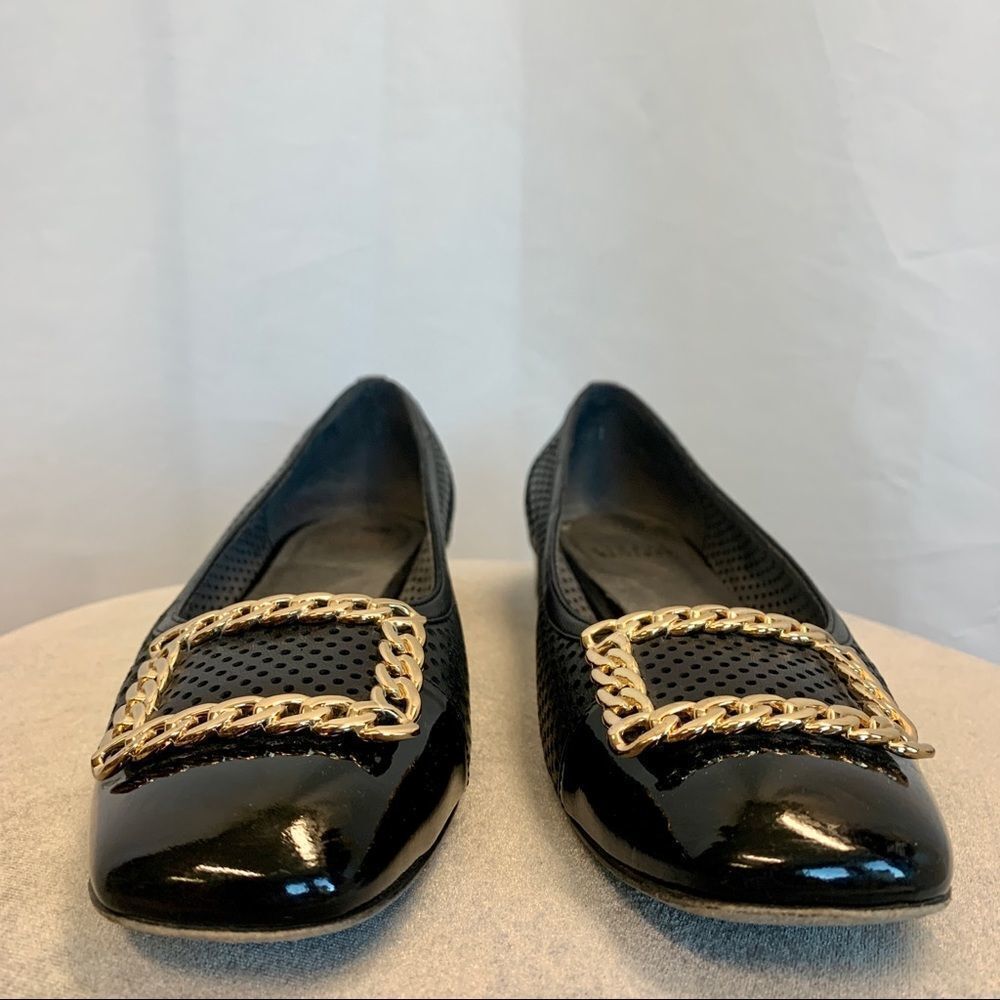 𝅺STUART Weitzman black gold Pan Nappa Chainolo Flats Sz 9 - Picture 6 of 9